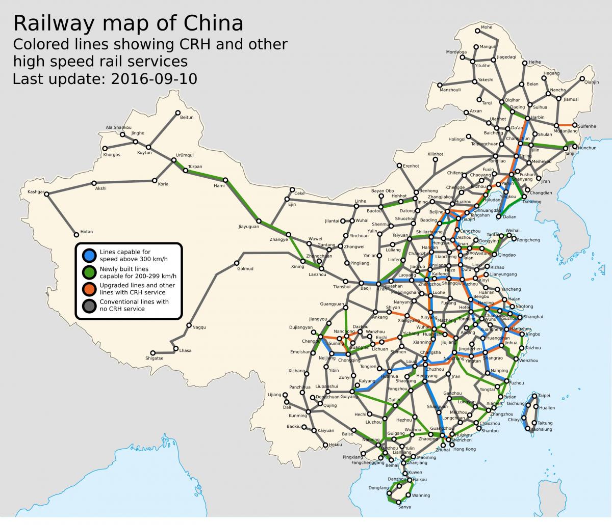 Mapa de las líneas de tren de China